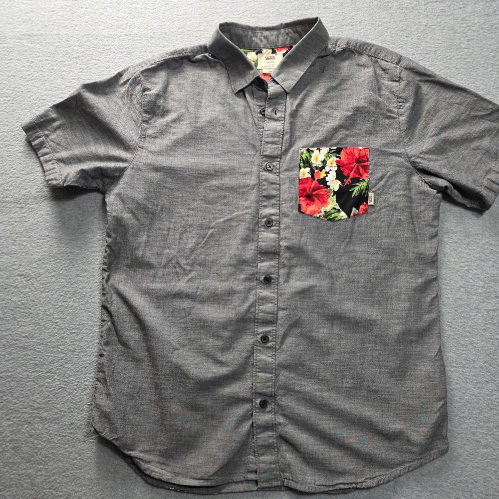 Vans Men Medium Grey Short Sleeve Button Down Shirt Floral Pocket Tropical Skate